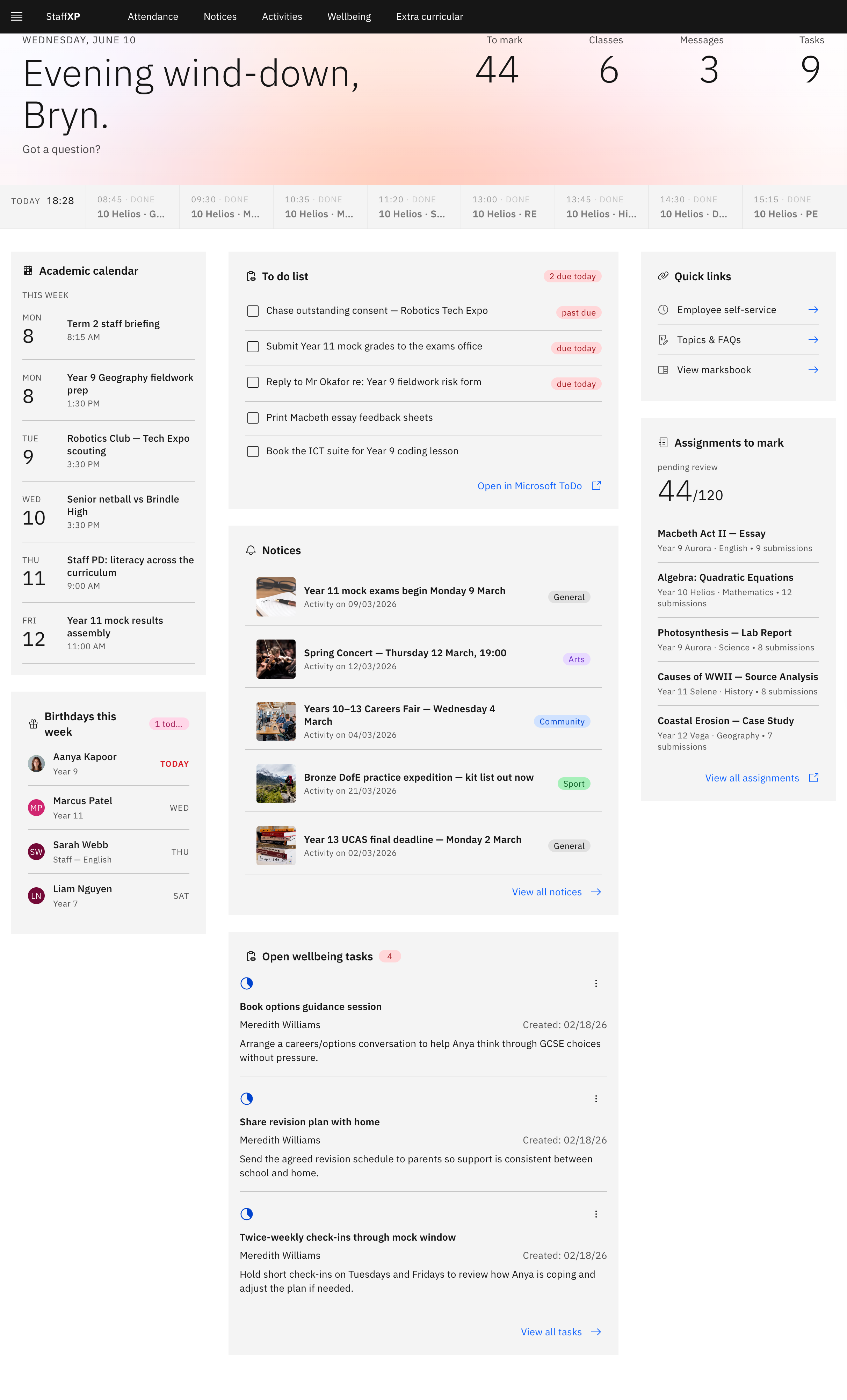 The StaffXP MyDay home page — the day's schedule, assignments to mark, to-do list, notices, and wellbeing tasks at a glance