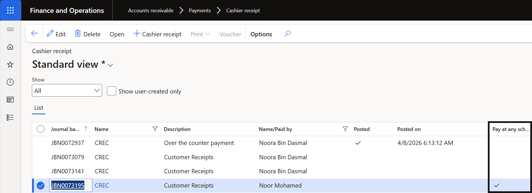 Pay at Any School — the posted cashier receipt header with the Pay at Any School column ticked