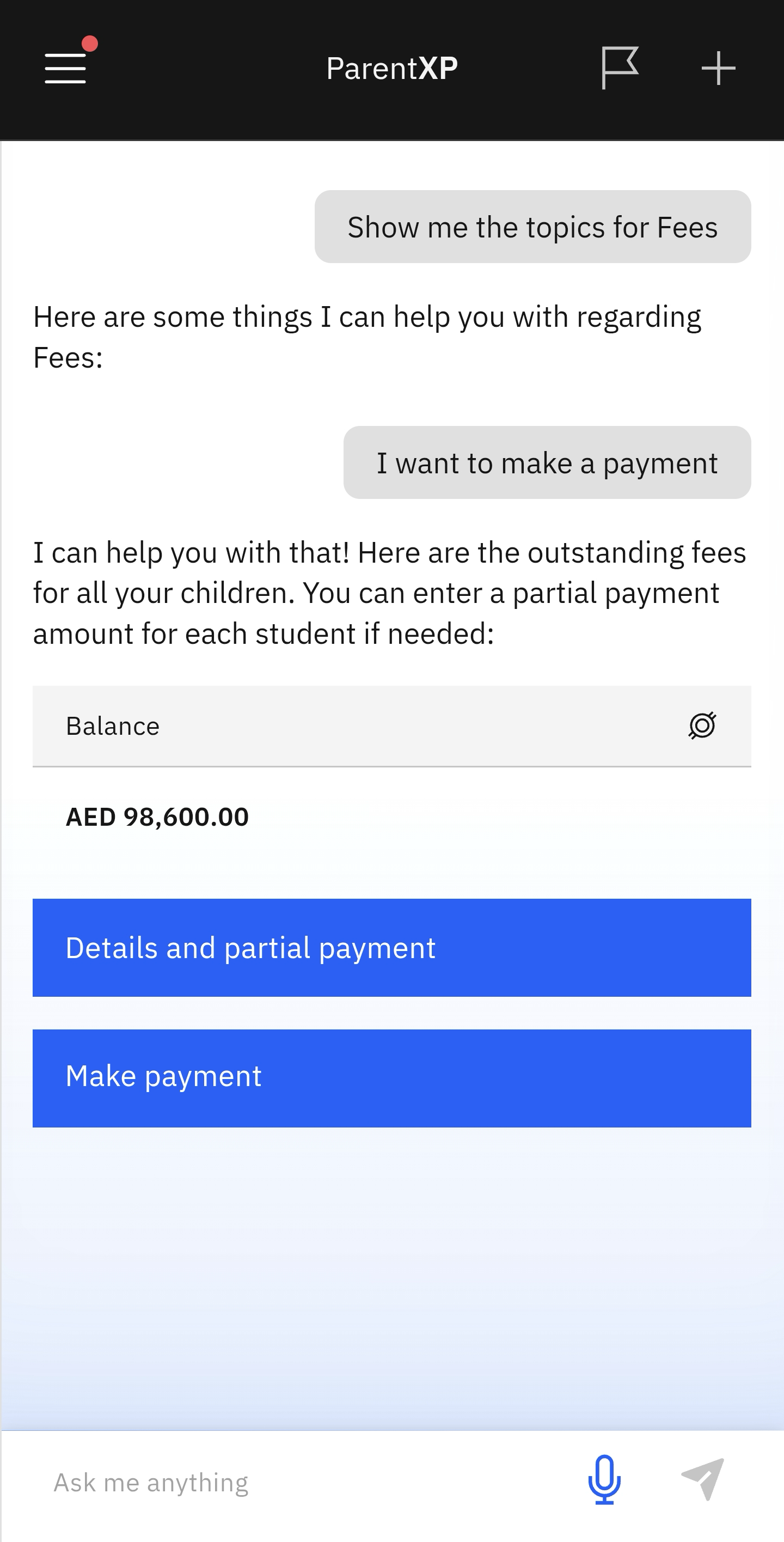 Total outstanding fees on the screen with the option to break down into details or to make payment