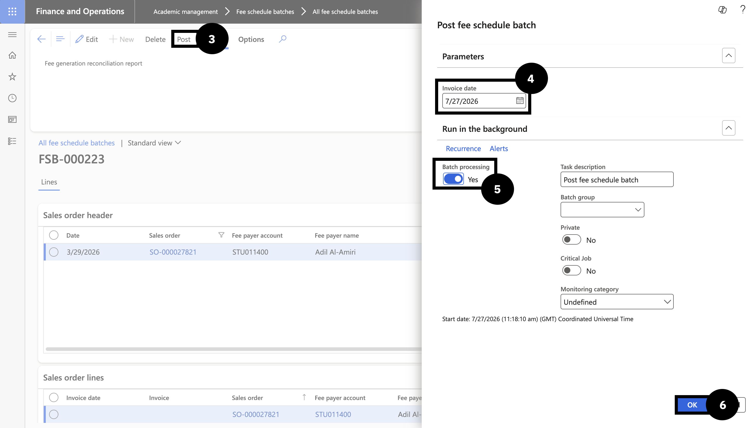 Post Fee Invoices for a Whole Fee Schedule Batch — the All fee schedule batches list with an Active batch selected