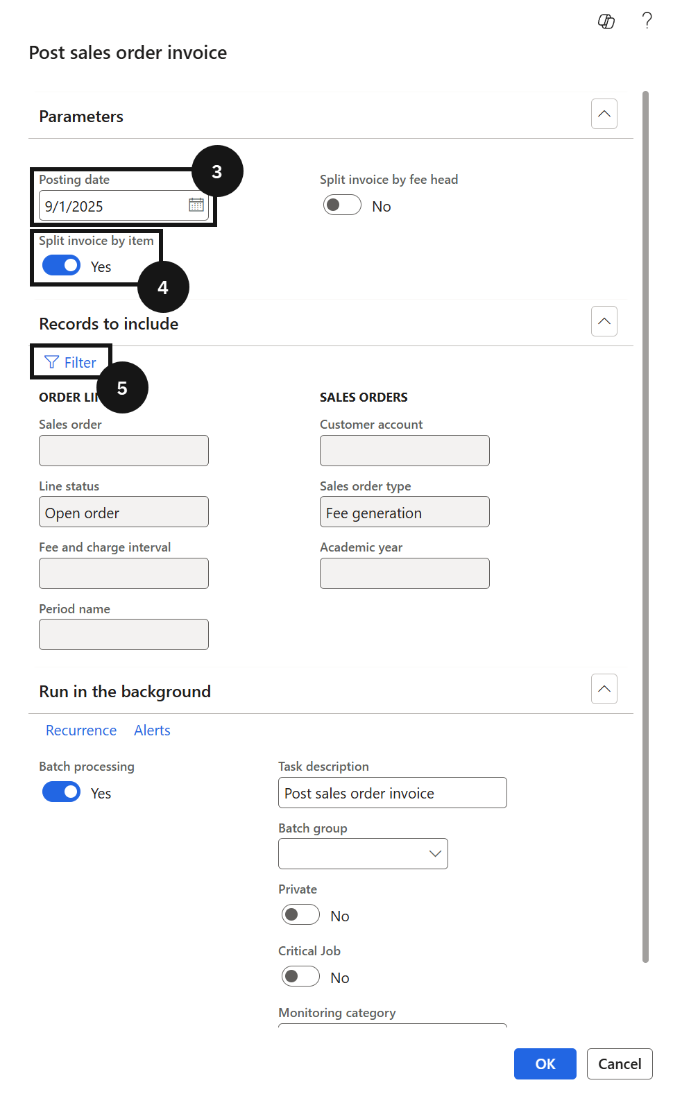 Post Sale Order Invoices by Term — the Post sale order invoice dialog with Posting date, Split invoice by item, and the Period name filter set to Term 1