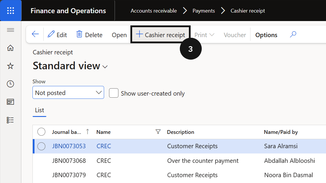 Process an Activity Invoice Payment — the Cashier receipt form with the activity invoice marked and payment details entered