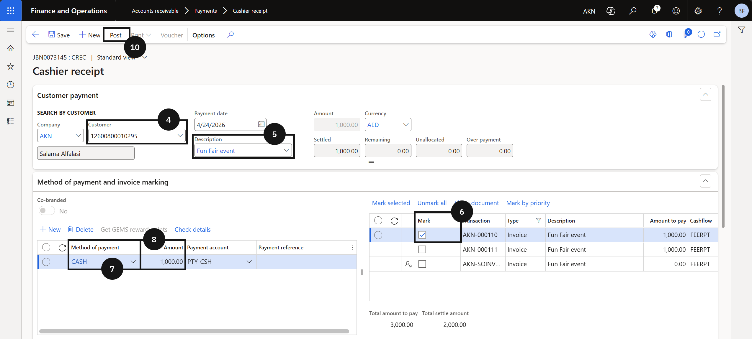 Process an Activity Invoice Payment — the Post receipt dialog with the Print receipt toggle enabled