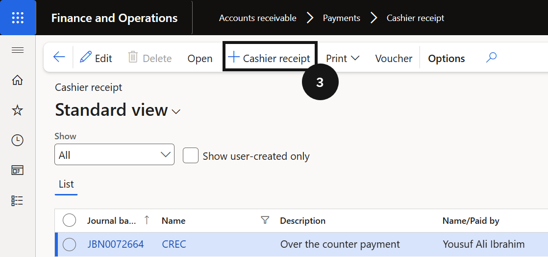 Process an Advance Payment — the Cashier receipt form with Co-branded enabled, the co-branded method selected, Amount entered, and the Calculate Discount button