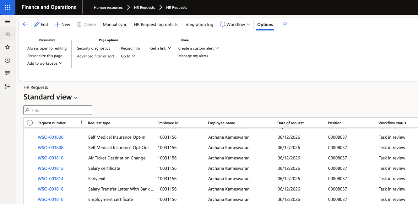 The HR Request list form in D365 showing pending request rows with request numbers, employee names, and request types