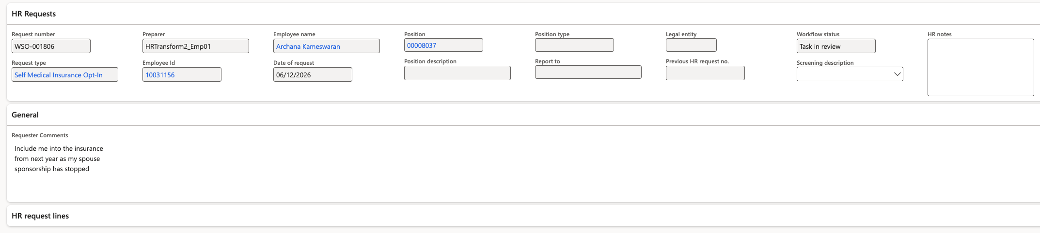 The HR request detail view showing the employee's submitted fields, attached file link, and the HR Feedback text area