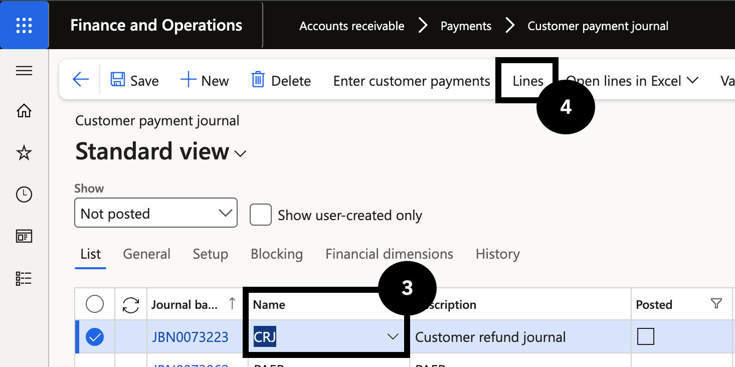 Process a Fee Refund — the Customer payment journal with Customer refund journal selected in the Name field