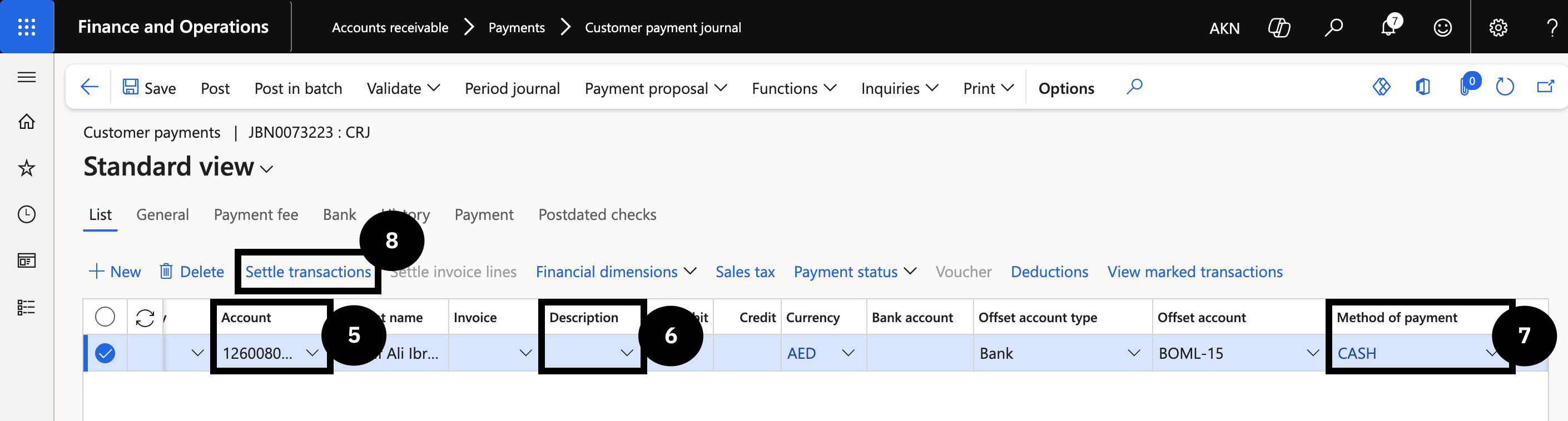 Process a Fee Refund — the journal lines with Student account, Description, and Method of payment fields visible