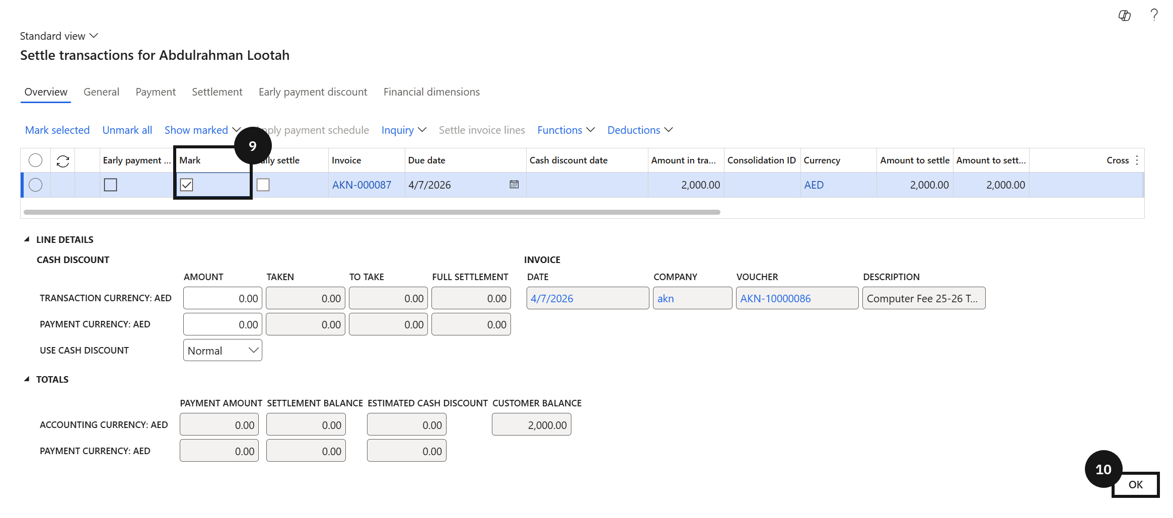 Process a Fee Refund — the Settle transactions dialog with the credit invoice marked