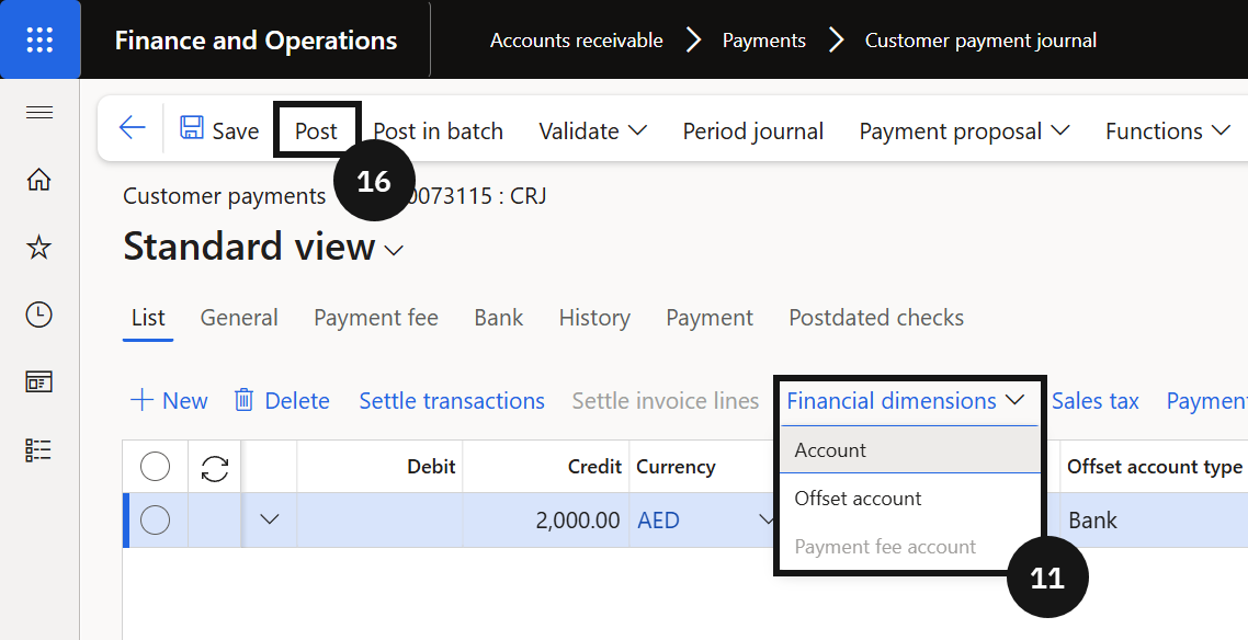 Process a Fee Refund — the Financial dimensions dialog for Account with the Feehead value selected