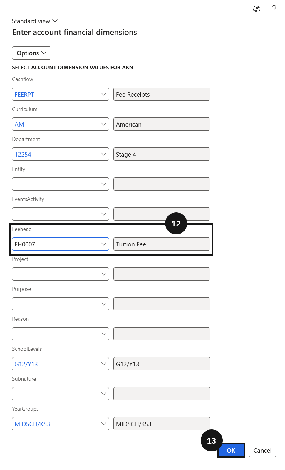 Process a Fee Refund — the Financial dimensions dialog for Offset account with Cashflow set to Refund