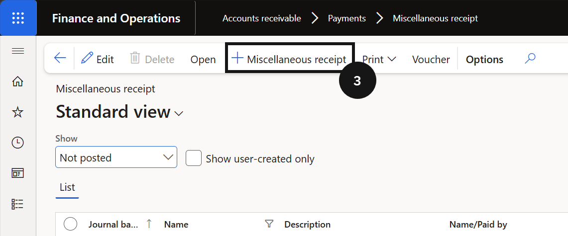 Process a Miscellaneous Receipt — the Miscellaneous receipt form with Received From, Method of payment, Amount, Fee type, and Credit fields