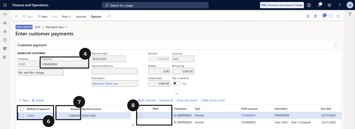 Process an Over-the-Counter Payment — the Over the counter payment form with the fee payer selected, invoice marked, Method of payment, and Amount fields