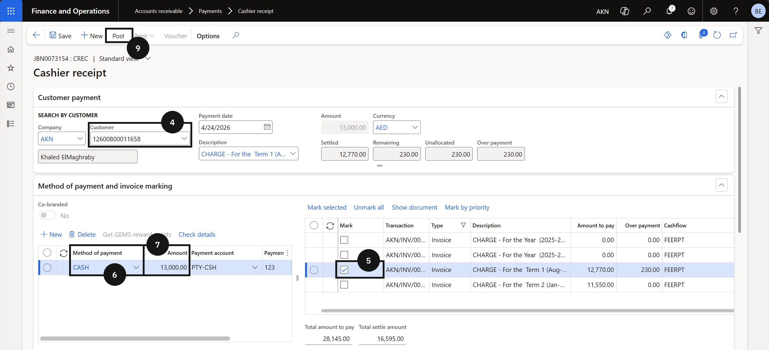 Process an Overpayment — the Post receipt dialog with the Print receipt toggle