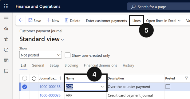 Process a Payment with an Early Payment Discount — the payment journal with Lines highlighted in the Action Pane