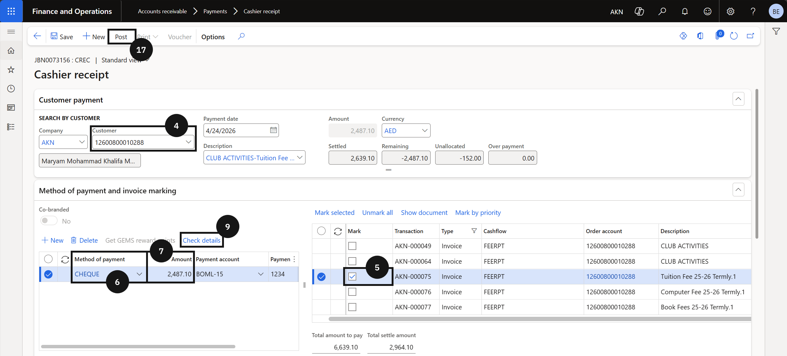 Process a Post-Dated Cheque — the Check details dialog with Postdated check enabled, Maturity date, Check number, and Issuing bank fields