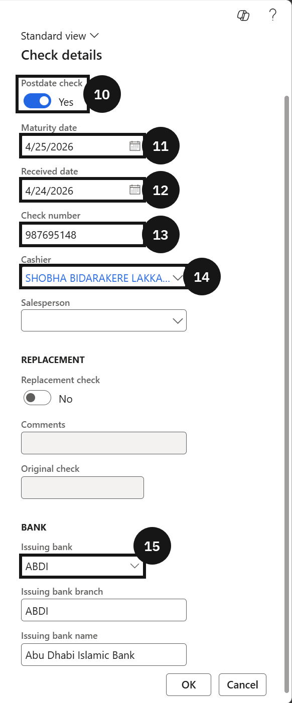 Process a Post-Dated Cheque — the Post receipt dialog with the Print receipt toggle
