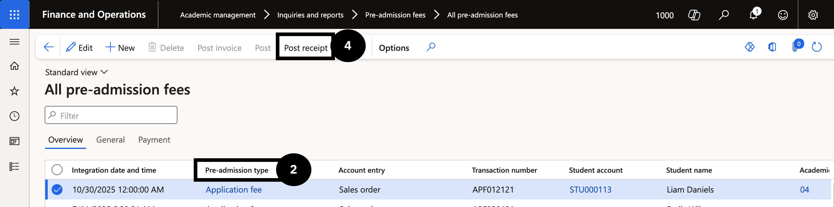 Application / Registration Fee Process via Cashier — the All admission fees list filtered by Application fee with the student record selected
