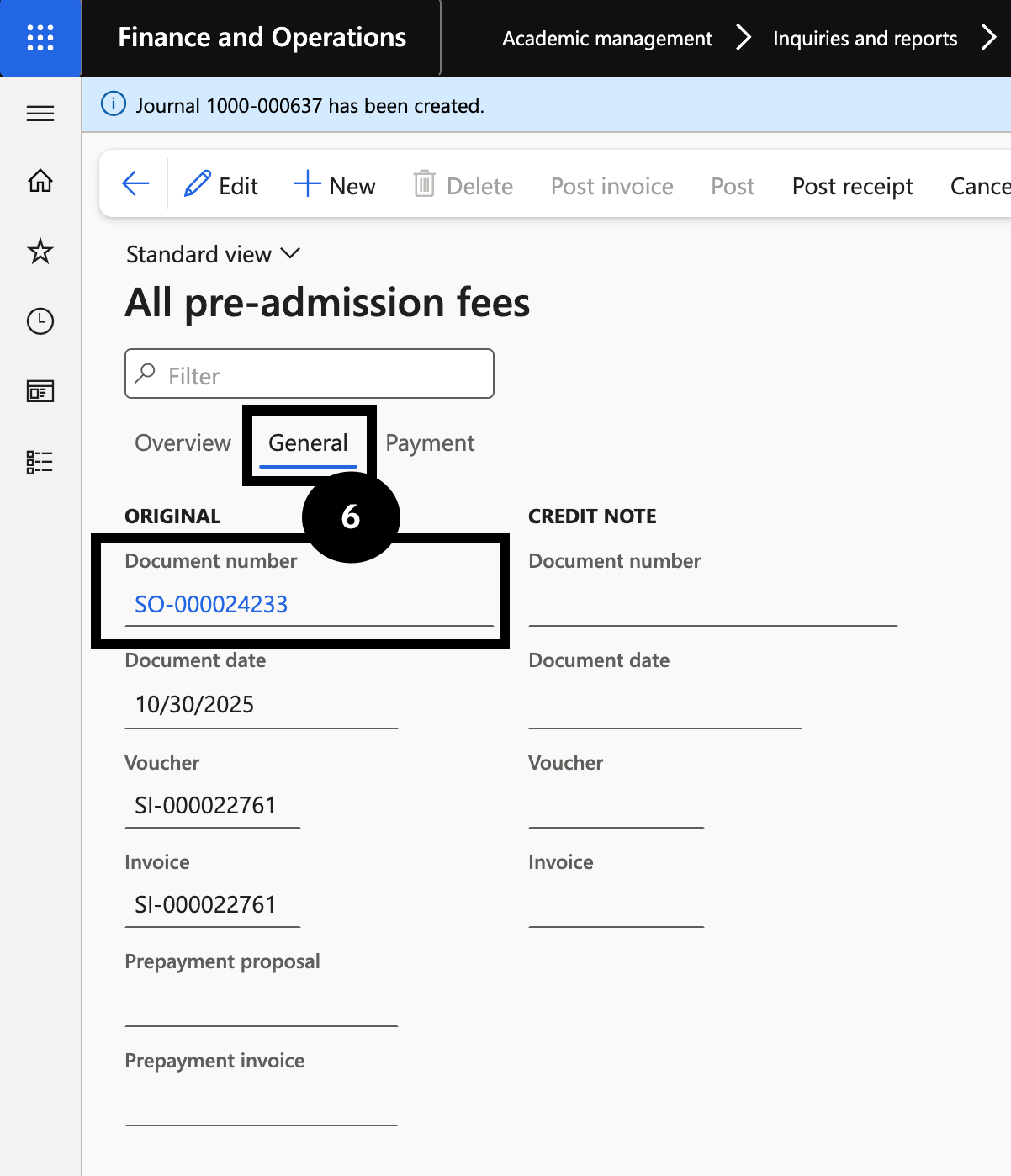Application / Registration Fee Process via Cashier — the new cashier receipt form with the student selected and the Pre-admissions tab open