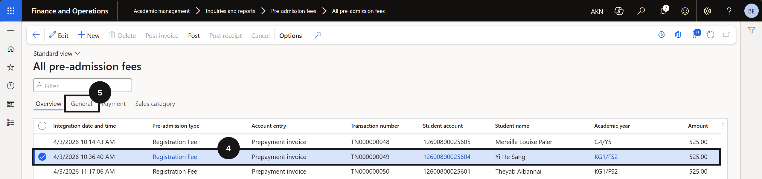 Application / Registration Fee Process via Online — All pre-admission fees showing the student record with General and Payment tab options visible