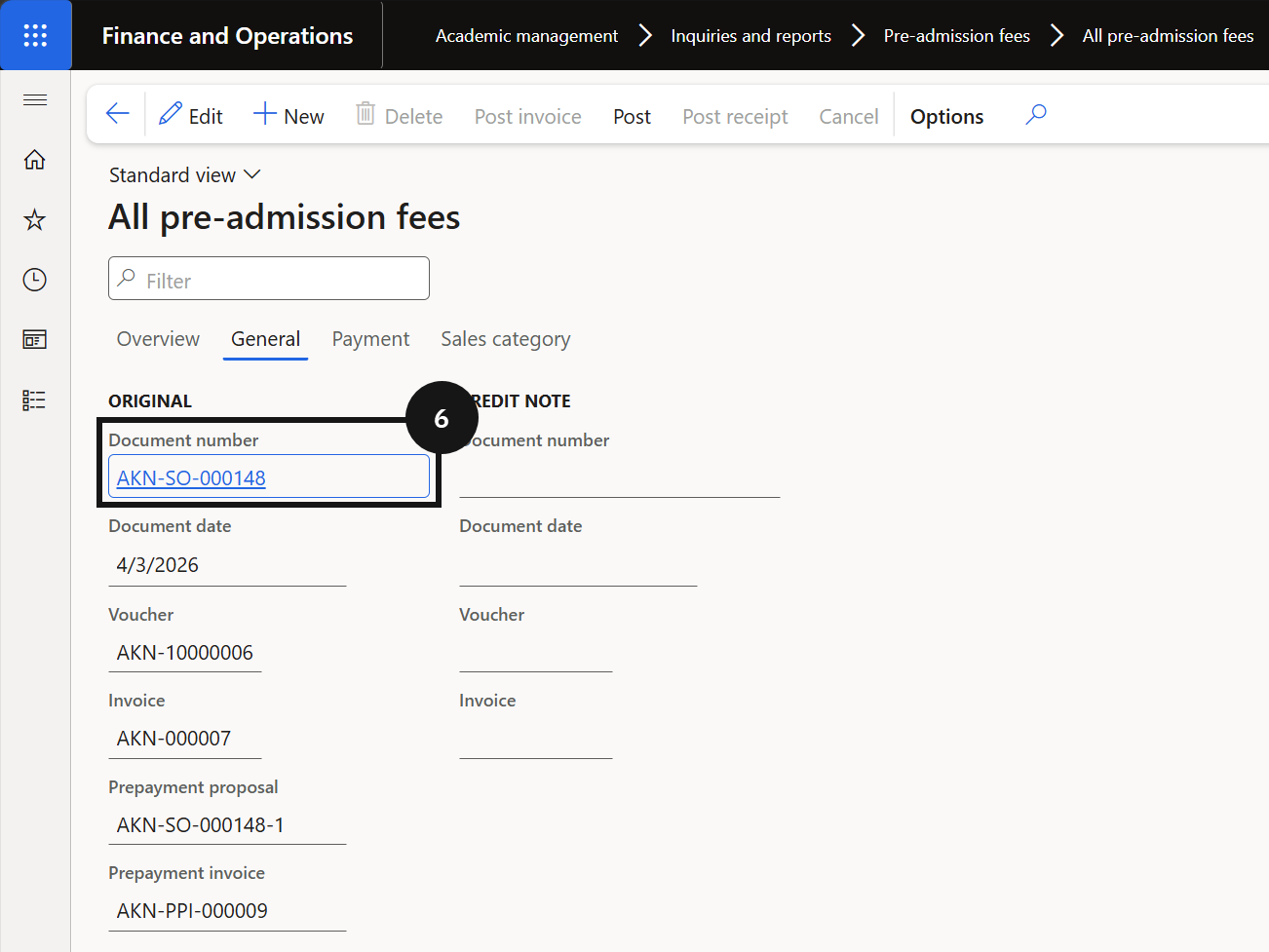 Application / Registration Fee Process via Online — the General tab with the Document number hyperlink to the sales order