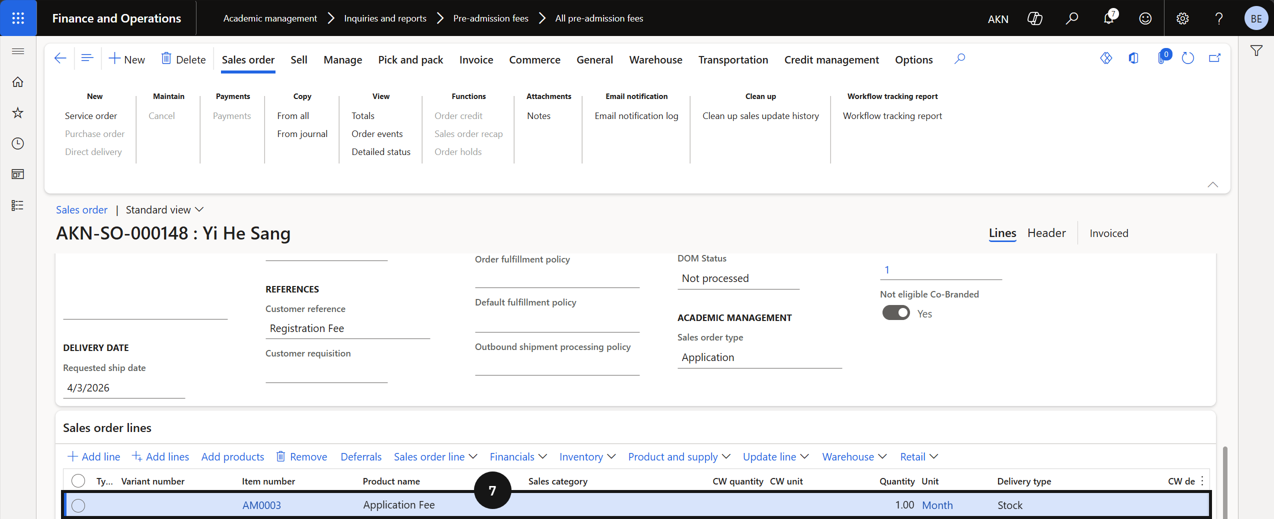 Application / Registration Fee Process via Online — the sales order for the registration fee