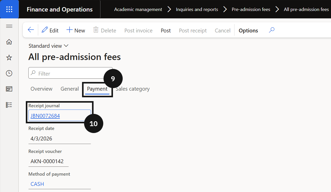 Application / Registration Fee Process via Online — the Payment tab with the Receipt journal link