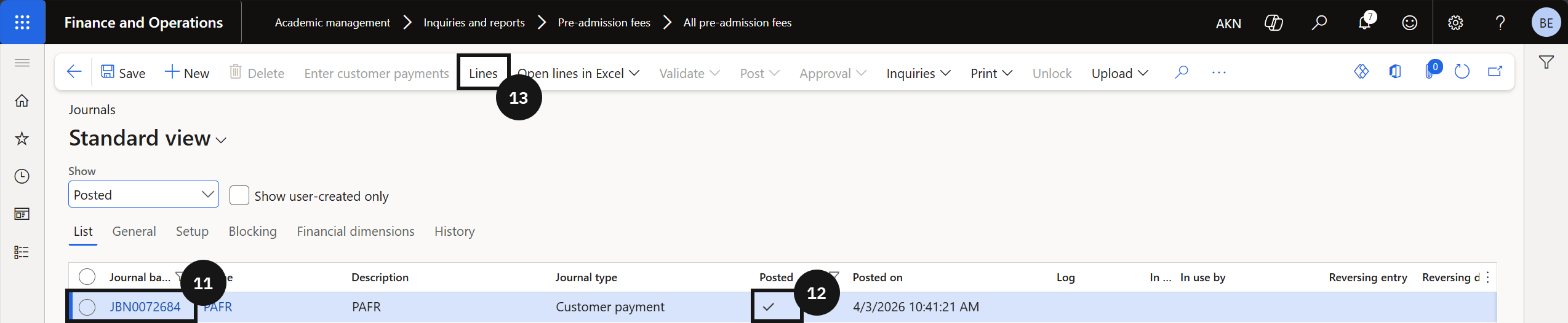 Application / Registration Fee Process via Online — the receipt journal lines showing the Posted status