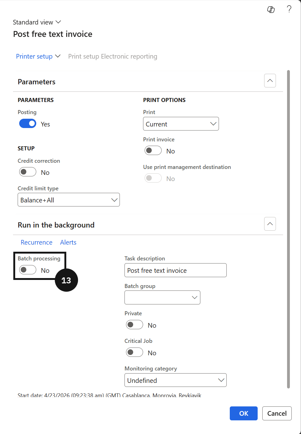 Raise Transfer Certificate Fee — the Post dialog with Batch processing set to No