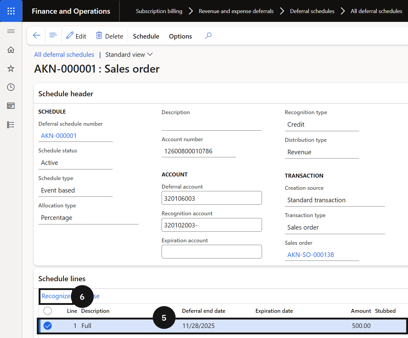 Recognise a Specific Invoice — the deferral schedule with a line selected and the Recognize button