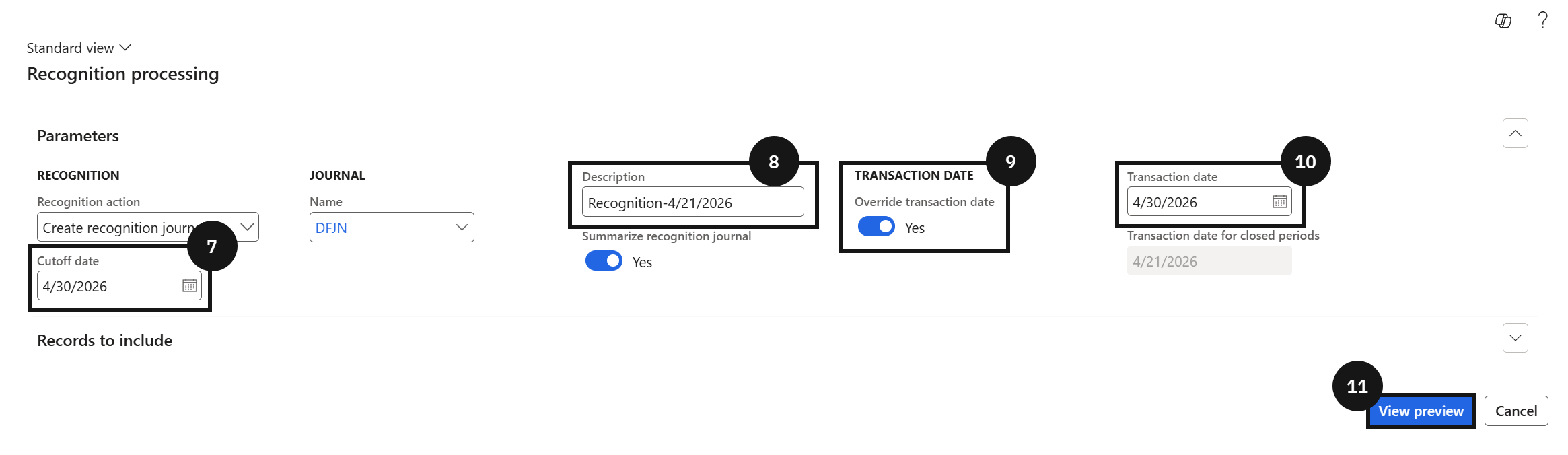Recognise a Specific Invoice — the Recognition processing form with Cutoff date, Override transaction date, and Transaction date fields