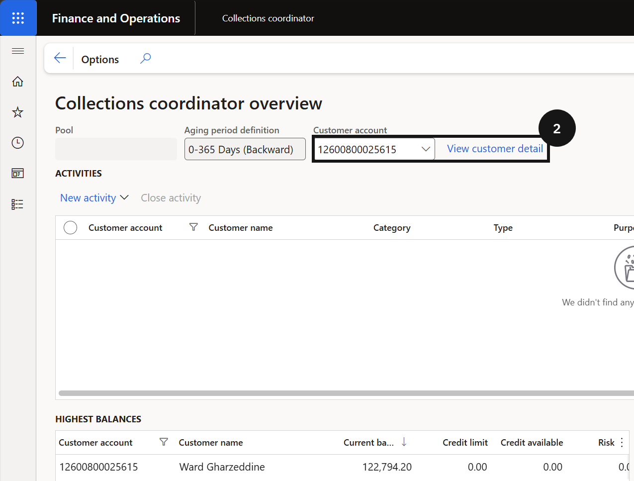 Record Debtor Notes — the Collections coordinator workspace with the View customer detail link