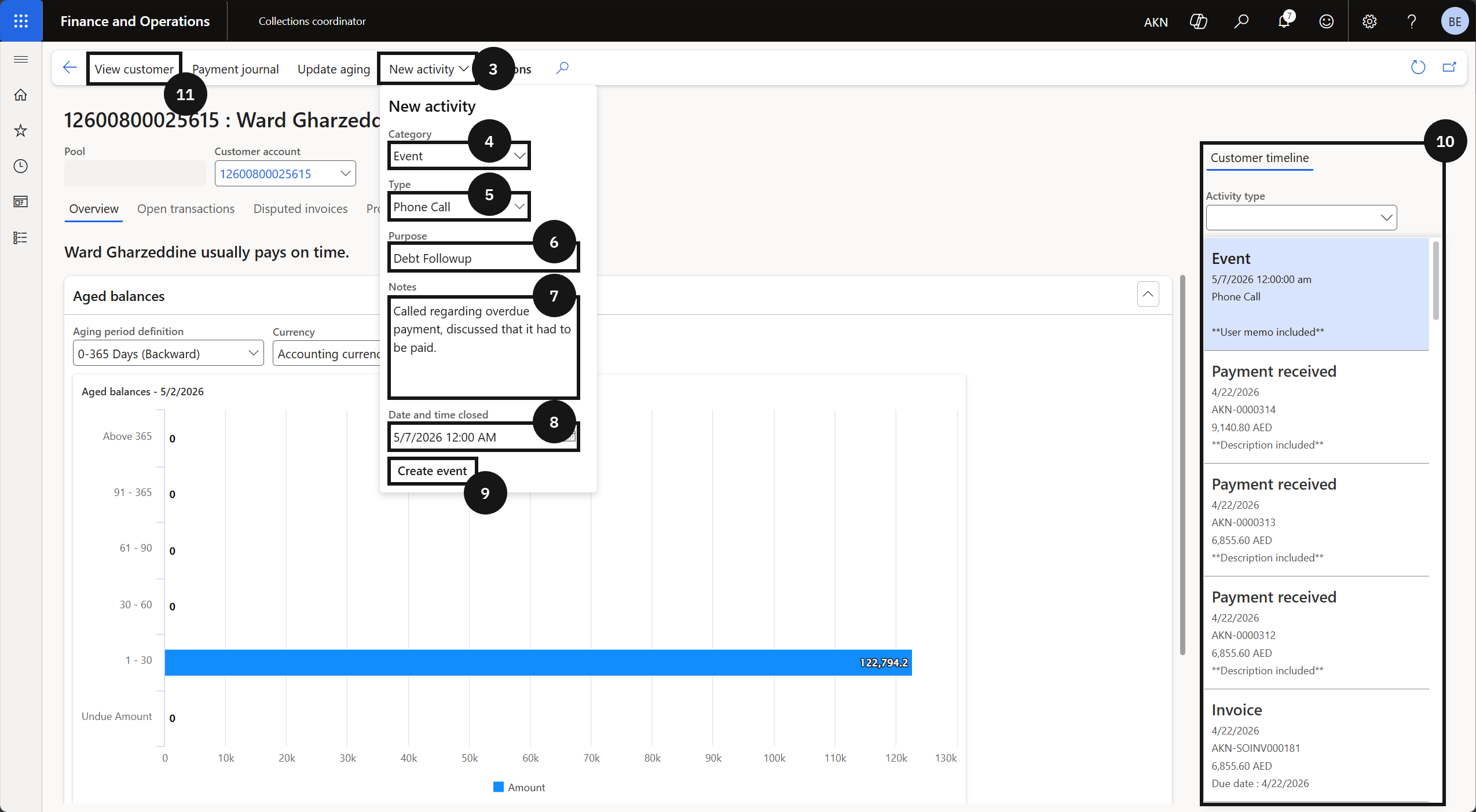 Record Debtor Notes — the New activity form with Event category, Type, Purpose, Notes, and Date and time fields