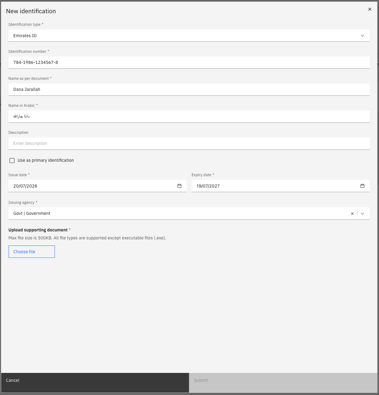 The identification record form showing the document type selected, required fields filled in, and the Choose file control for the attachment