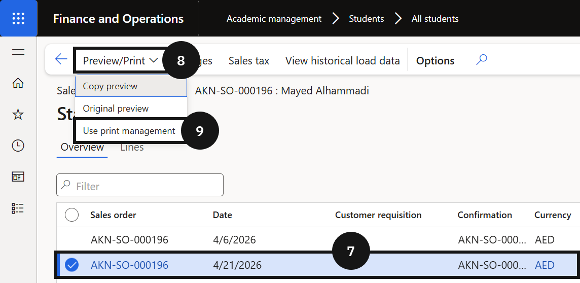 Regenerate a Proforma Invoice Document — the Preview/Print > Use print management option selected