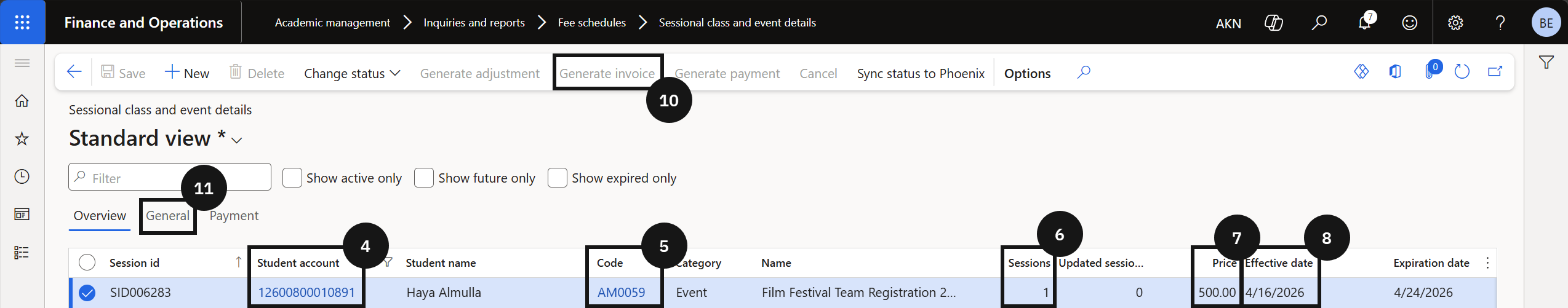 Over-the-Counter Registration and Invoice Generation — the Sessional class and event details form with the student, event code, sessions, price, and dates