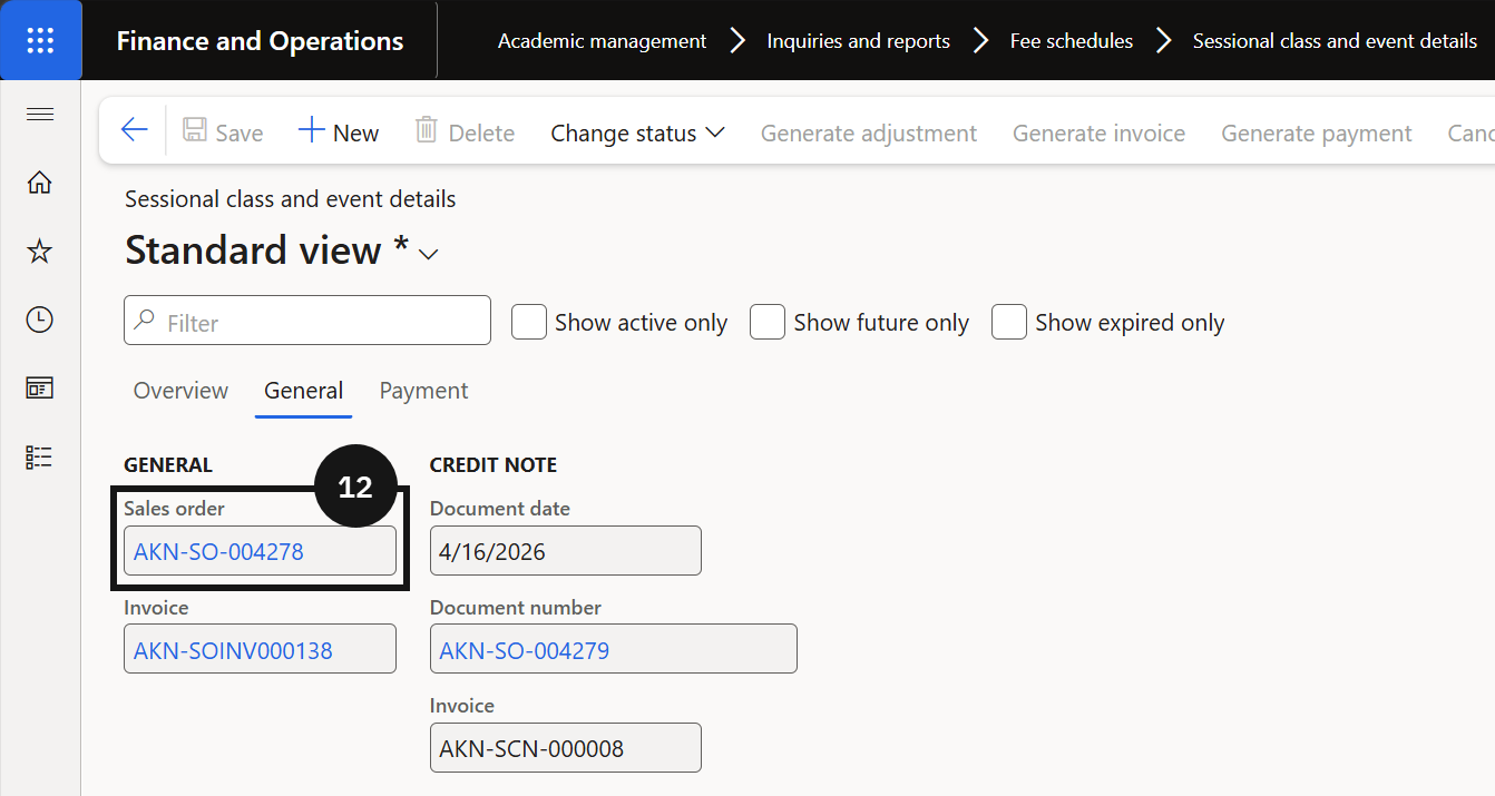 Over-the-Counter Registration and Invoice Generation — the General tab showing the Sales order hyperlink