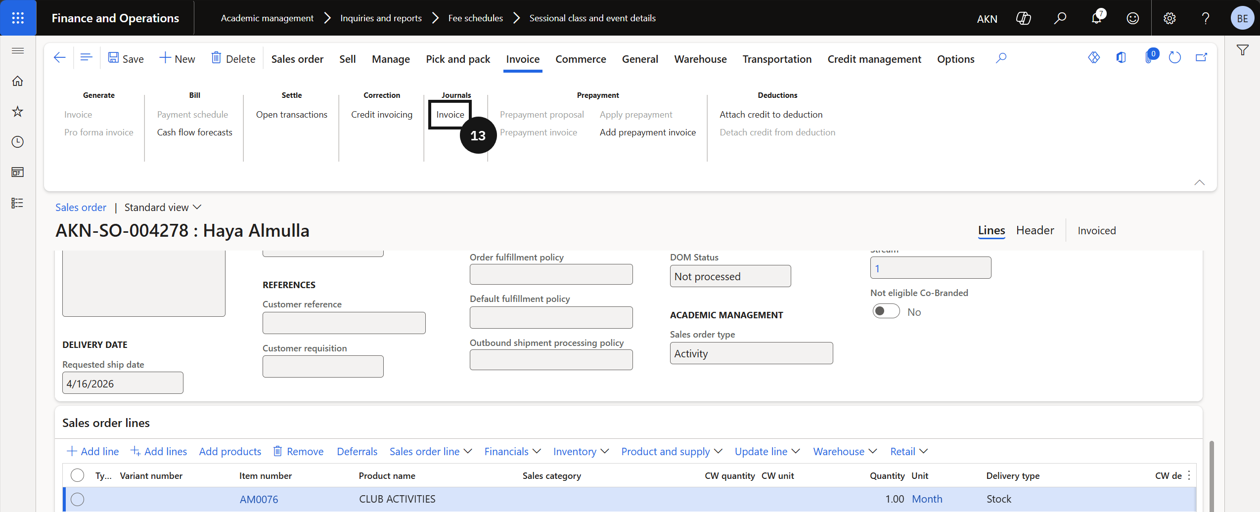 Over-the-Counter Registration and Invoice Generation — the Generate invoice button in the toolbar