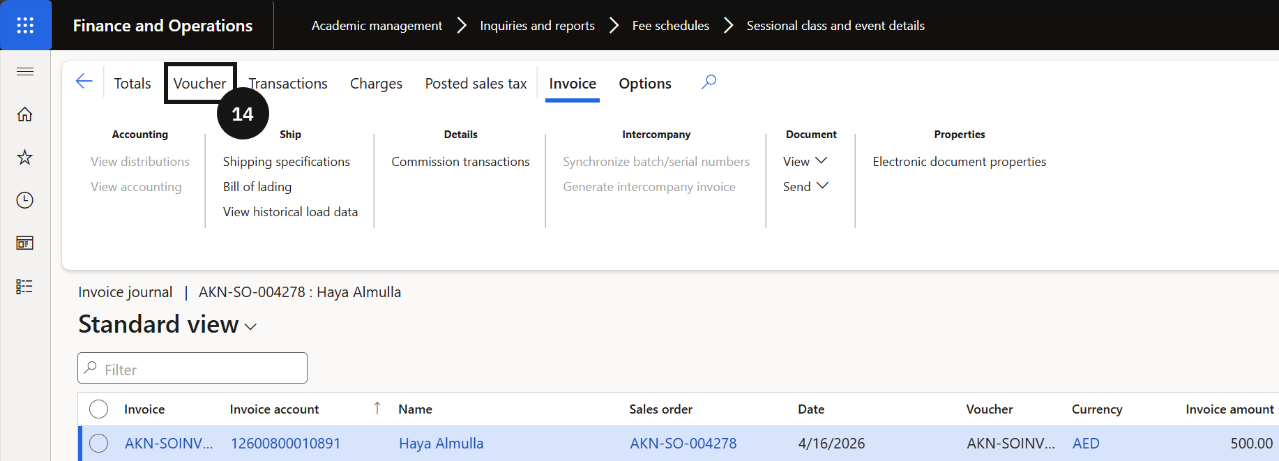Over-the-Counter Registration and Invoice Generation — the posted invoice and Voucher button