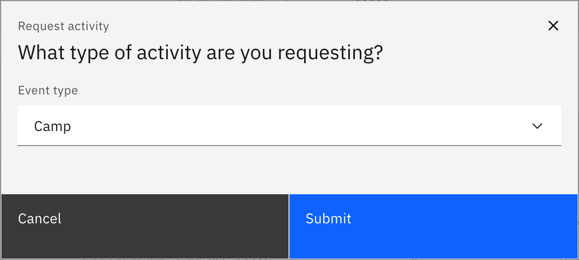 The Request activity type picker with Camp chosen in the Event type dropdown