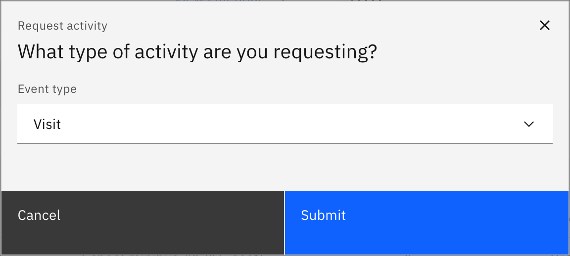 The Request activity type picker with Visit chosen in the Event type dropdown