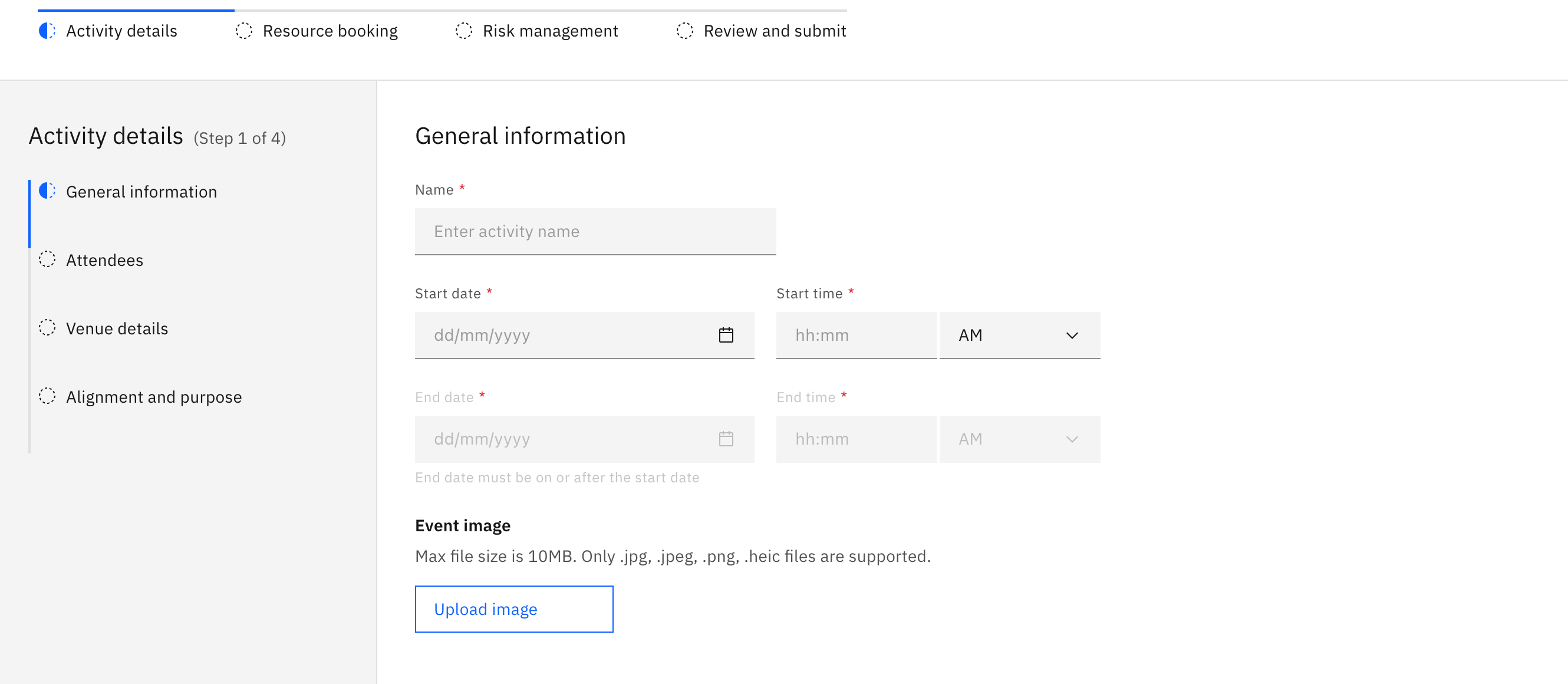 The Activity details step (Step 1 of 4) with the four-section list on the left — General information, Attendees, Venue details, Alignment and purpose