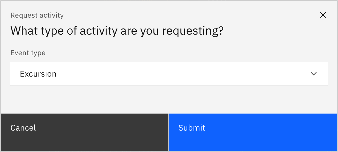 The Request activity type picker with Excursion chosen in the Event type dropdown