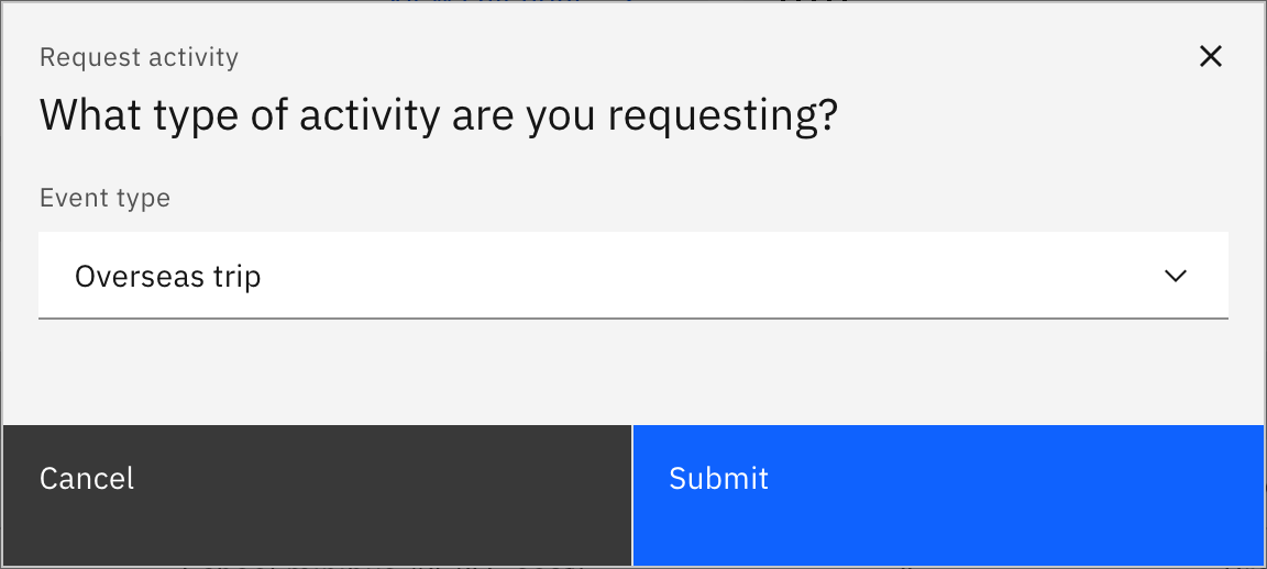 The Request activity type picker with Overseas trip chosen in the Event type dropdown