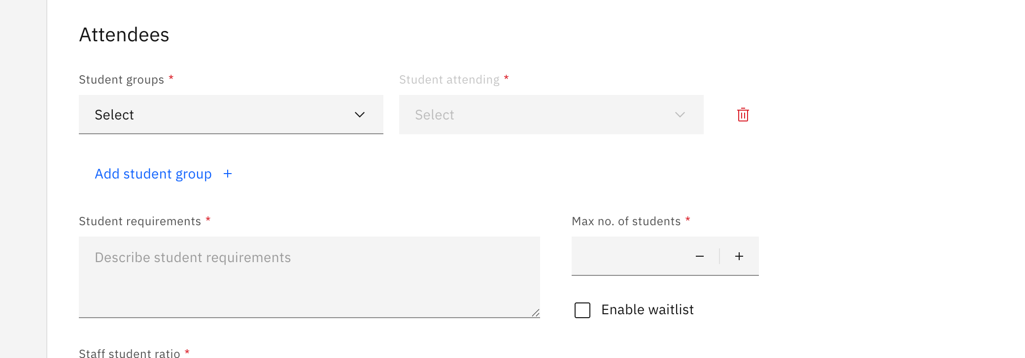 The Attendees section of an overseas-trip request, showing the Max no. of students field and the Enable waitlist checkbox