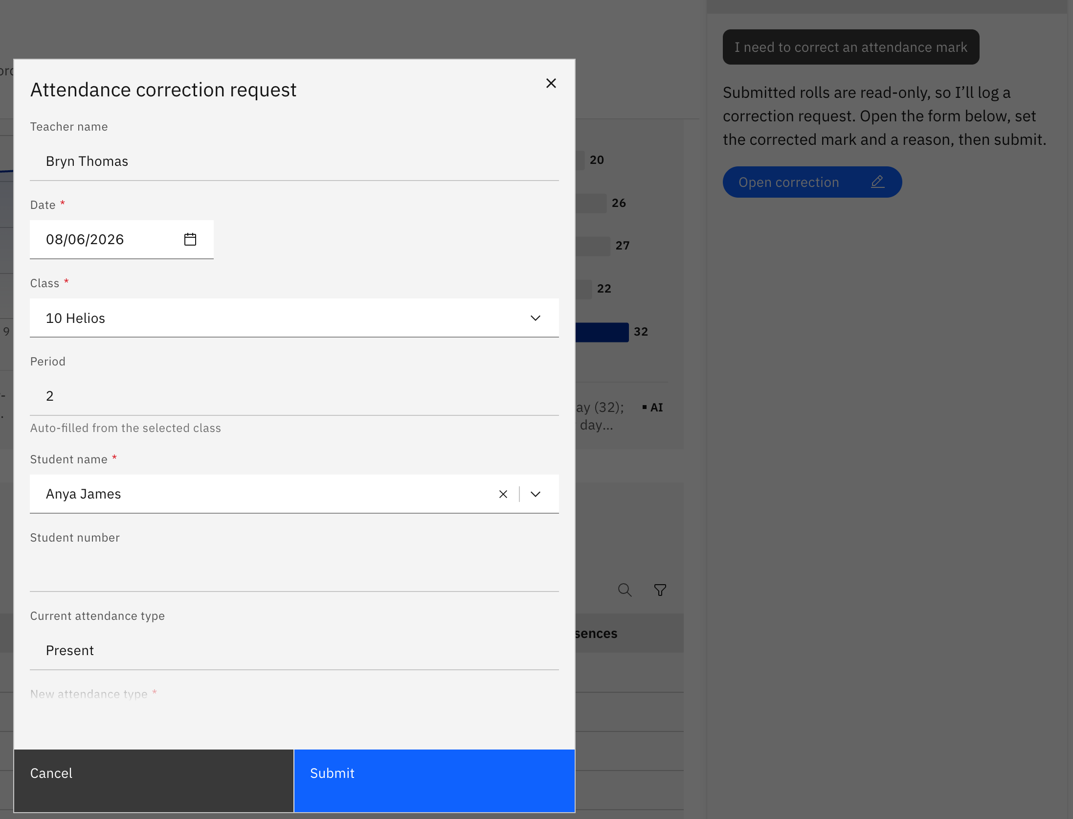 Felix with the correction request open — the pre-filled Attendance correction request form (teacher, date, class, period, student, current mark) beside the Felix chat