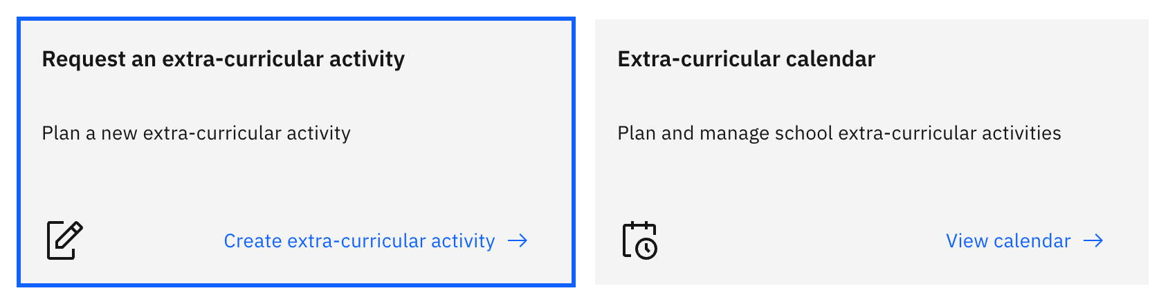 The two action cards on the Extra-curricular hub, with the Request an extra-curricular activity (Create) card highlighted