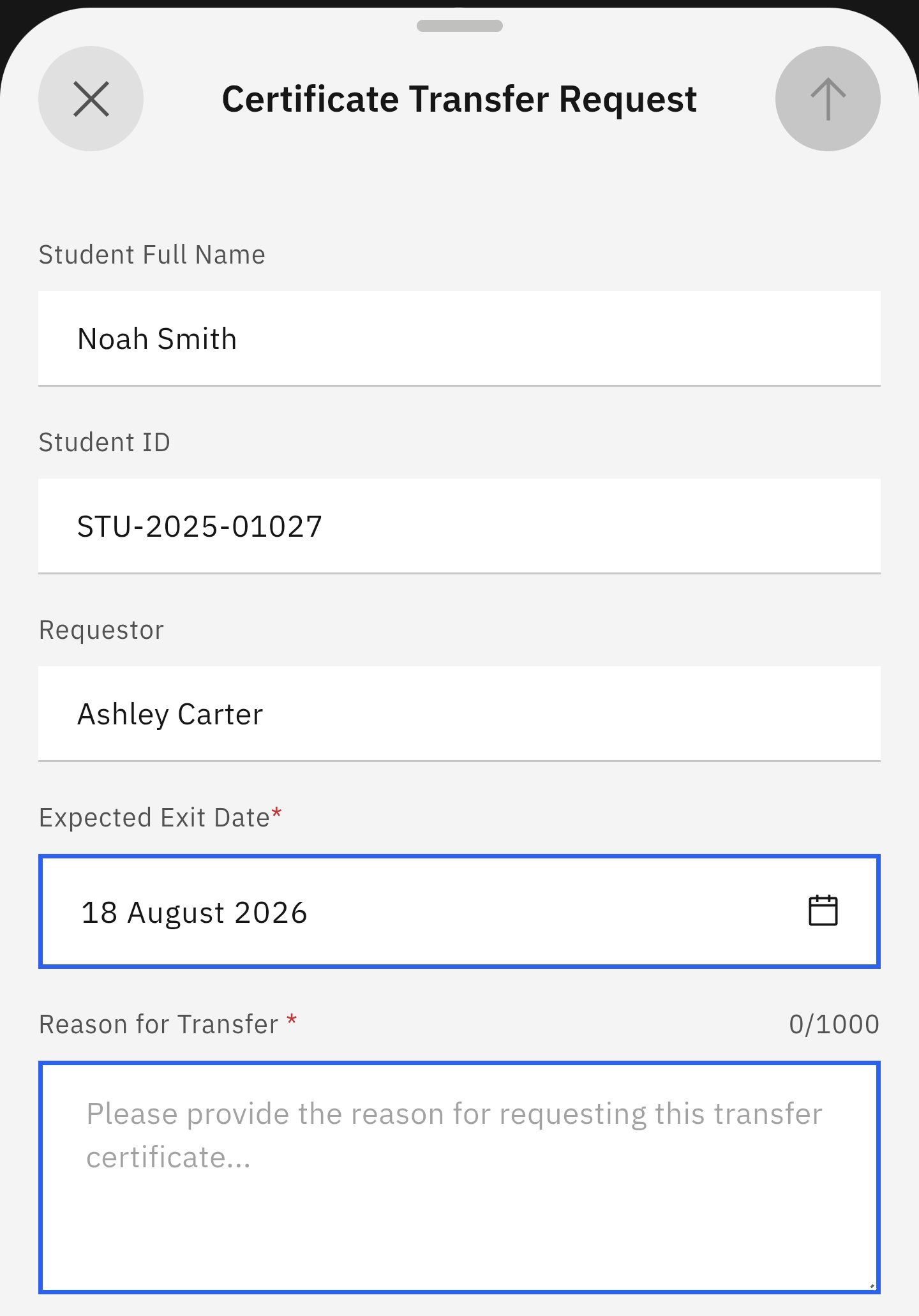 Transfer request form with the send arrow activated