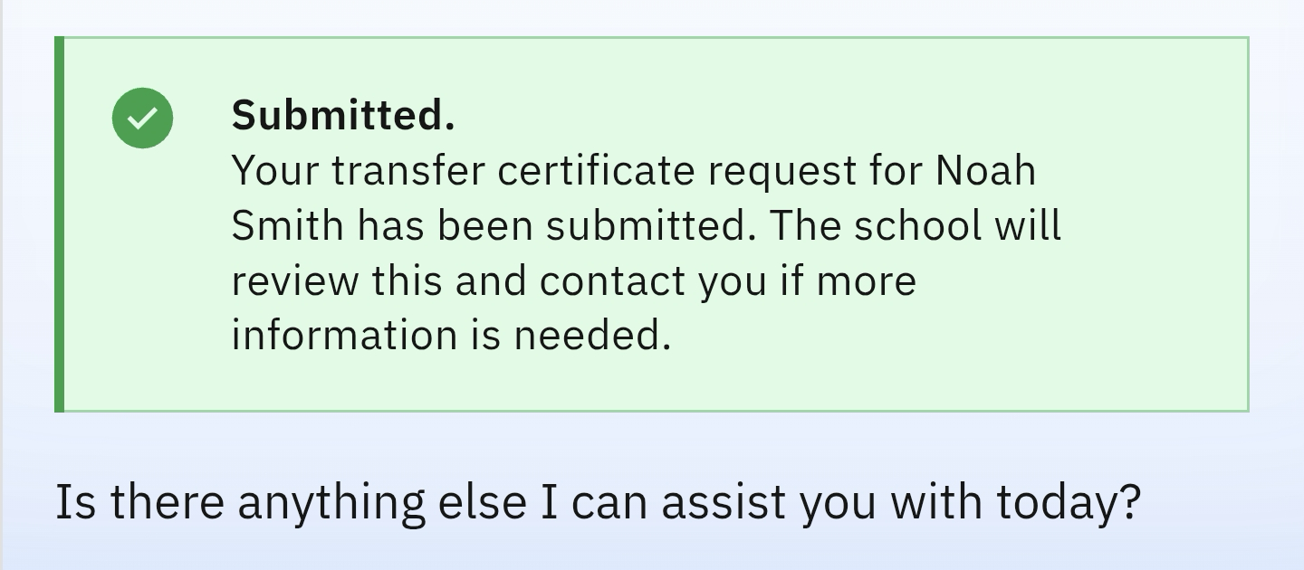 Transfer request form success message