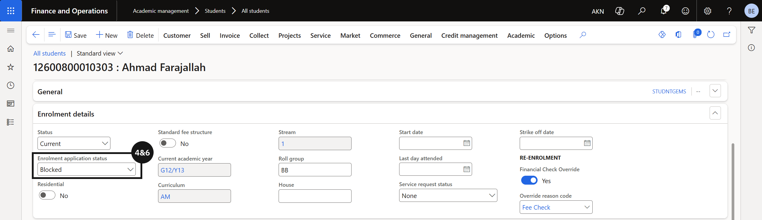 Blocking Due to Fee Outstanding — the student record showing a Blocked enrolment status
